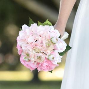 Real and Silk touch Light pink and Cream hydrangea, roses and ranunculus - wedding bridal bouquet and boutonniere set