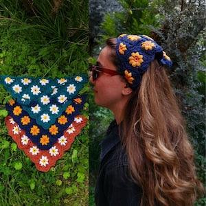 3D Daisy Crochet Bandana, Crochet Head Scarf, %100 Cotton, Cute Cottagecore Hair Scarf, Handmade Hair Accessories, Boho& Vintage Style