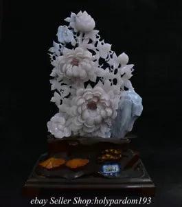 16.8" Chinese Natural Pink Xiu Jade Carved Fengshui Peony Flower Wealth Statue