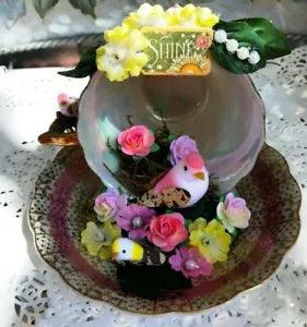 Vintage Royal Sealy China Teacup and Saucer, Floral Bouquet, Silk Flowers, Birds
