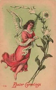 1910's  Easter Postcard  Easter Lilies & Winged Angel Praying E235