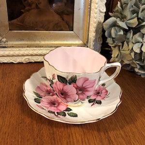 Pink Interior Old Royal Bone China Pink Wild Roses Teacup and Saucer in the Shelly Shape