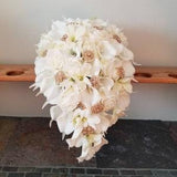 Ivory, cream cascading bridal bouquet, real touch calla lily, gold rhinestones, rose, orchid cascade bride bouquet with artificial flowers