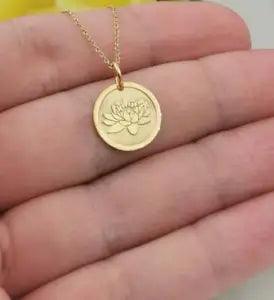 Water Lily Disc Pendant 14k Yellow Gold Personalized Jewelry July Birth Flower