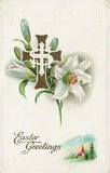 1910's Embossed Easter Postcard Cross with Easter Lilies & Church UNPOSTED E100