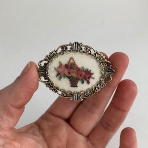 Vintage Petit Point Rose Basket with Antiqued Gold Filigree Frame Brooch