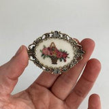 Vintage Petit Point Rose Basket with Antiqued Gold Filigree Frame Brooch