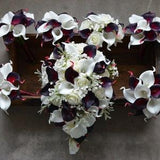 Burgundy Ivory Bouquets, Real Touch Calla Lilies, Roses Baby's breath, Dusty Millers, Bridal Bouquets, Bridesmaids Bouquets Boutonnieres