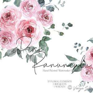 Pink Watercolor Floral Clipart Dusty Rose Blush Ranunculus Flowers Clipart Greenery Foliage Wreath Bouquet Spring Clipart Wedding Invitation