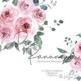 Pink Watercolor Floral Clipart Dusty Rose Blush Ranunculus Flowers Clipart Greenery Foliage Wreath Bouquet Spring Clipart Wedding Invitation