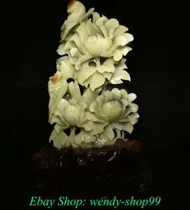 16" Natural Xiu Jade Jadeite Carved subshrubby peony flower Birds Lucky Statue