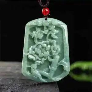 Natural Green Jadeite Carved Birds Peony Flower Lucky Pendant Amulet Necklace