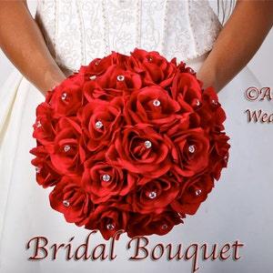 Love ANGELICA RED Wedding Bouquet Package Bridal Bridesmaid Groom Boutonnieres Corsages Keepsake Bouquets Roses Silk Floral Custom Flowers