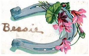Horseshoe with Lilies "Bessie" Gold Embossed Posted 1908 Vintage Postcard-K2-17