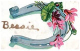 Horseshoe with Lilies "Bessie" Gold Embossed Posted 1908 Vintage Postcard-K2-17