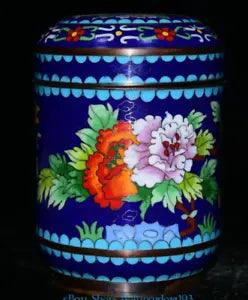 5" Old Chinese dynasty Palace Copper Cloisonne Peony Flower Tea leaf lid Box