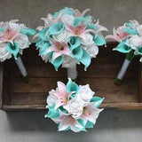 Turquoise Pink Bridal Bouquets Groom Boutonniere Rustic Wedding Bouquets Real Touch Calla Lilies Tiger Lilies