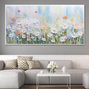 Abstract Green Plants Wall Art, Original White Daisy Canvas Oil Painting, 3D Textured Hand Knife Painting, Blooming Flowers, Spring Decor