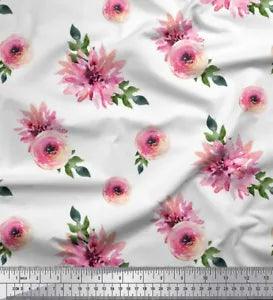 Soimoi White Velvet Fabric Ranunculus & Chrysanthemum Floral Print-Czp