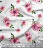 Soimoi White Velvet Fabric Ranunculus & Chrysanthemum Floral Print-Czp