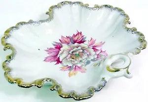 ANTIQUE NIPPON Unmarked FINE CHINA CANDY DISH - FLUTED GOLD RIM Peony Flower