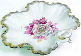 ANTIQUE NIPPON Unmarked FINE CHINA CANDY DISH - FLUTED GOLD RIM Peony Flower