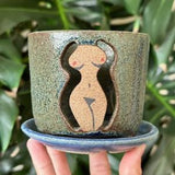 Small Woman Body Blue Green Brown Orchid Planter Pot with Holes and Optional Saucer