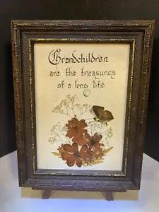 Vintage Dried Pressed Wild Flowers in Wood Frame Grandchildren calligraphy