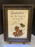 Vintage Dried Pressed Wild Flowers in Wood Frame Grandchildren calligraphy