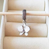 925 Sterling Silver White Orchid Dangle with Cubic Zirconia Charm Bead Fits European Jewelry Bracelets and Necklaces