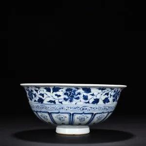 8.2" old antique yuan dynasty blue white porcelain peony flower fish algae bowl