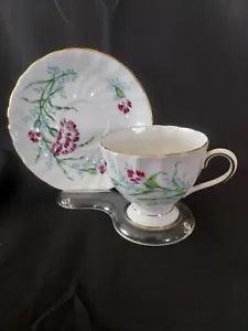 Tuscan Cup & Saucer #9672 Magenta Carnations w/Blue Floral & Greenery 1947-1960