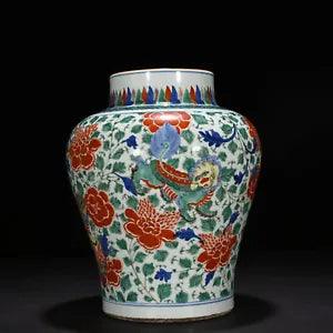 13.8" China old dynasty Porcelain kangxi mark famille rose lion peony flower pot