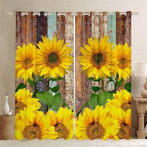 Yellow Sunflower Window Curtain Set, Rustic Farmhouse Style Wooden Plank Curtains, Floral Retro Watercolor Window Drapes, Handmade