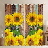 Yellow Sunflower Window Curtain Set, Rustic Farmhouse Style Wooden Plank Curtains, Floral Retro Watercolor Window Drapes, Handmade