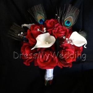 Red rose bouquet, Real touch rose and white calla lily bridal bouquet with peacock feathers