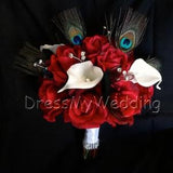 Red rose bouquet, Real touch rose and white calla lily bridal bouquet with peacock feathers