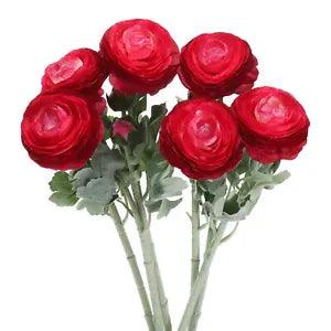 Artificial Ranunculus Flowers, 6 Stems Faux Permanent Flower Floral, Rose Red
