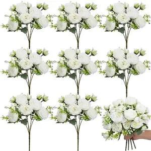 8 Bundles Fake Flowers Artificial Peonies Realistic Flowers with Stems White