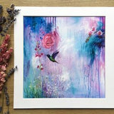 Hummingbird/hummingbird art/painting/Botanical/garden flowers/flower gift/giclee print/art/home decor/home interior/flower art