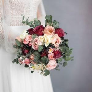 Burgundy and blush bridal bouquet with roses Romantic eucalyptus wedding accessories Greenery bouquet Peach peony toss bouquet Magaela