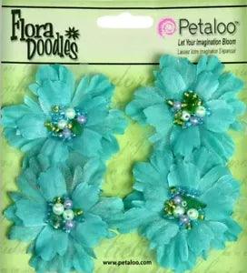 PEONIES - TEAL - Small 4.5 to 5cm x 4 - Beaded Pearl Centre FABRIC - Petaloo I
