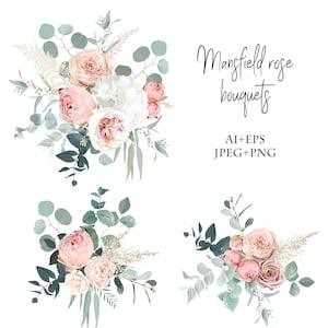 Blush pink garden roses, ranunculus, hydrangea flowers vector design bouquets. Wedding floral and greenery. Mint, pink, beige, green tones