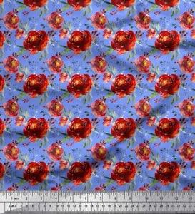 Soimoi Blue Cotton Poplin Fabric Leaves & Peony Floral Fabric Prints-4L3