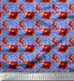Soimoi Blue Cotton Poplin Fabric Leaves & Peony Floral Fabric Prints-4L3