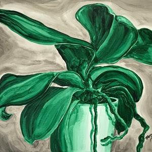 Green Orchid Plant With Grey Background Fine Art Print