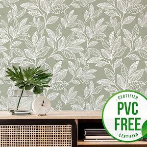 Green leaf wallpaper | Removable Peel and Stick wallpaper or Unpasted wallpaper - PVC-Free | Simple Self-adhesive wallpaper