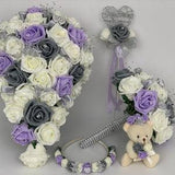 Artificial wedding bouquets flowers sets ivory lilac and grey heart posys