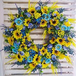 Autumn Fall Holiday Thanksgiving Harvest Yellow Blue Sunflower Berry Lavender Wheat ??amellia Daisy Flower Elegant Outdoor Front Door Wreath