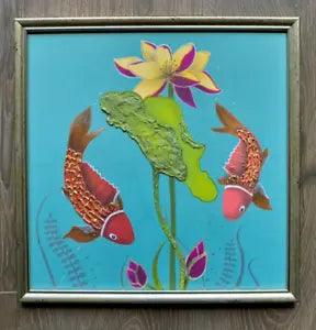 Large Framed Vintage Original Acrylic Painting Goldfish Estate Sale Lily Flowers